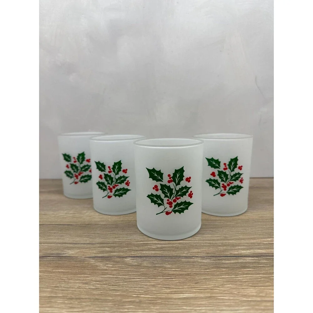 VTG Indiana Glass Frosted Holly Berry Double Old Fashioned Rocks Glasses Set/4